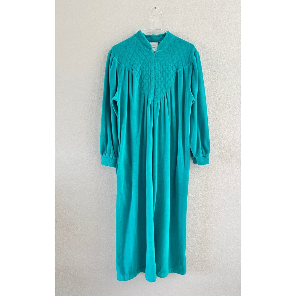 Cachet Robe Womens Medium Teal Vintage Quilted Velour‎ Long Sleeve Housecoat Zip